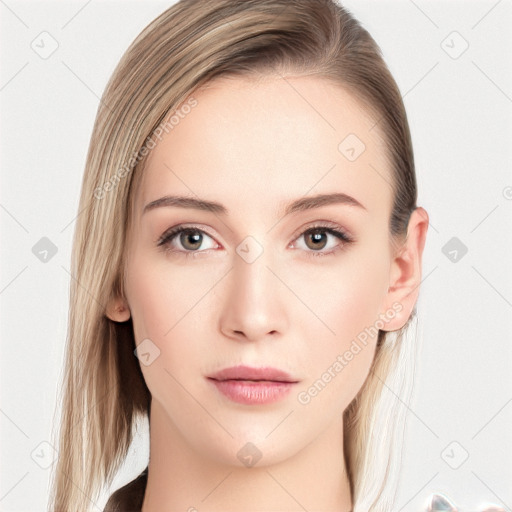 Neutral white young-adult female with long  brown hair and blue eyes