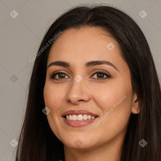 Joyful white young-adult female with long  brown hair and brown eyes