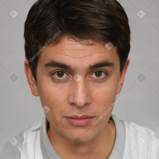 Neutral white young-adult male with short  brown hair and brown eyes