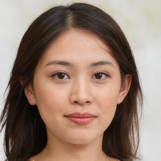 Neutral asian young-adult female with long  brown hair and brown eyes