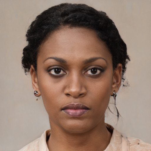Neutral black young-adult female with short  black hair and brown eyes