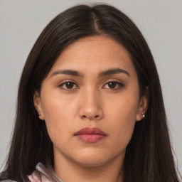 Neutral asian young-adult female with long  brown hair and brown eyes