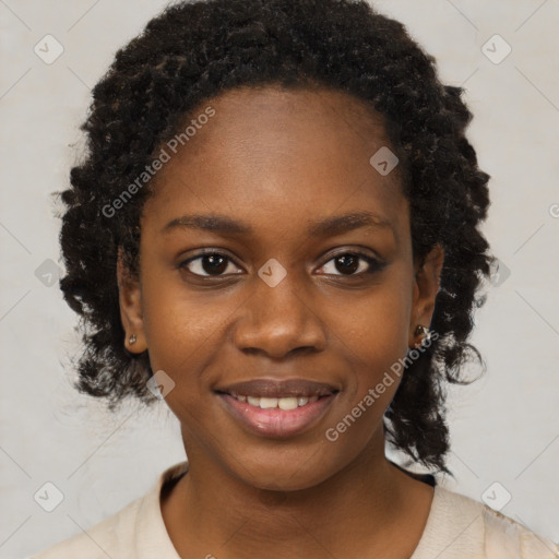 Joyful black young-adult female with medium  black hair and brown eyes