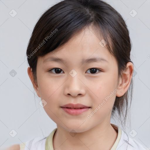 Joyful white child female with medium  brown hair and brown eyes