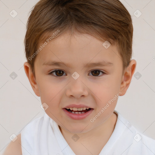 Joyful white child male with short  brown hair and brown eyes