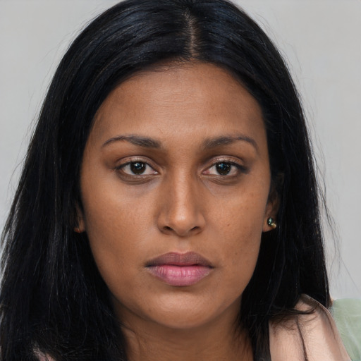 Neutral asian young-adult female with long  black hair and brown eyes