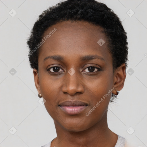 Neutral black young-adult female with short  black hair and brown eyes