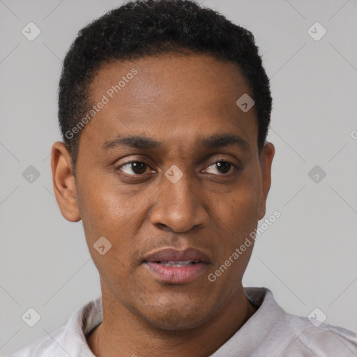 Neutral black adult male with short  brown hair and brown eyes