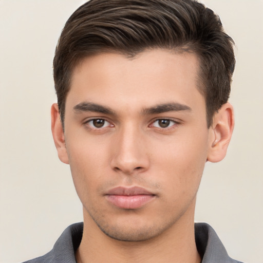 Neutral white young-adult male with short  brown hair and brown eyes