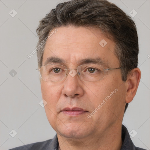 Neutral white middle-aged male with short  brown hair and brown eyes