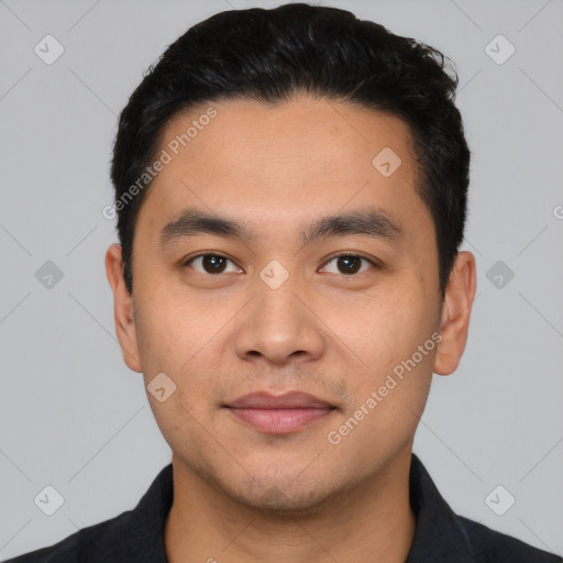 Neutral asian young-adult male with short  black hair and brown eyes