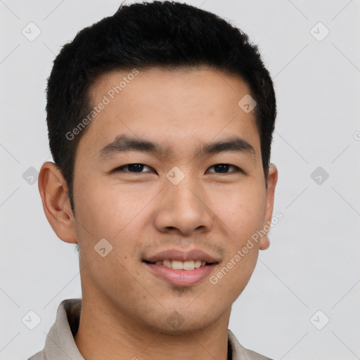 Joyful latino young-adult male with short  brown hair and brown eyes