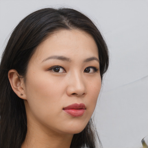 Neutral asian young-adult female with long  brown hair and brown eyes