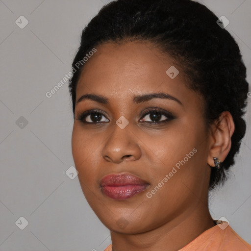 Joyful black young-adult female with medium  black hair and brown eyes