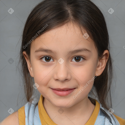 Joyful white child female with medium  brown hair and brown eyes