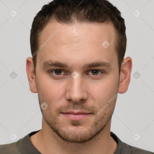 Neutral white young-adult male with short  brown hair and grey eyes