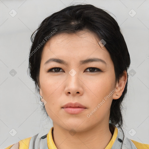 Neutral asian young-adult female with medium  black hair and brown eyes