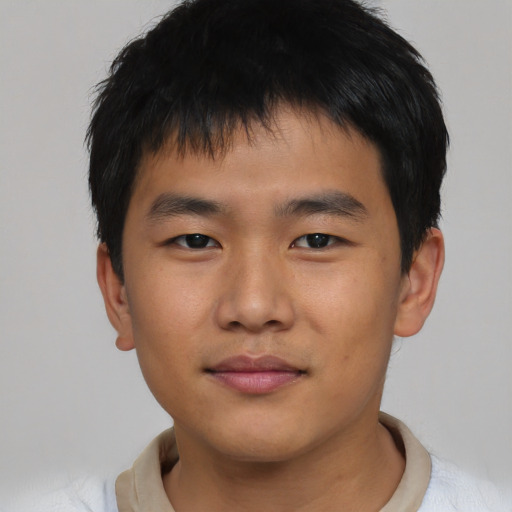 Neutral asian young-adult male with short  black hair and brown eyes
