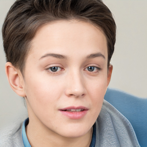 Neutral white young-adult female with short  brown hair and brown eyes