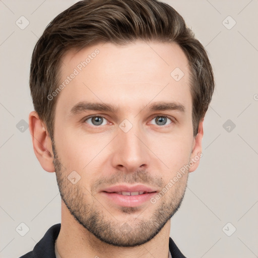 Neutral white young-adult male with short  brown hair and grey eyes