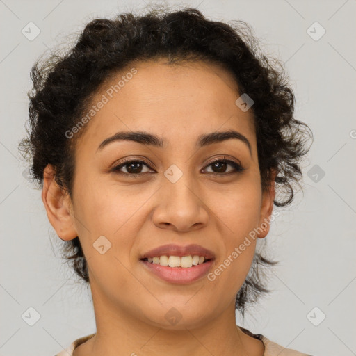 Joyful latino young-adult female with short  brown hair and brown eyes