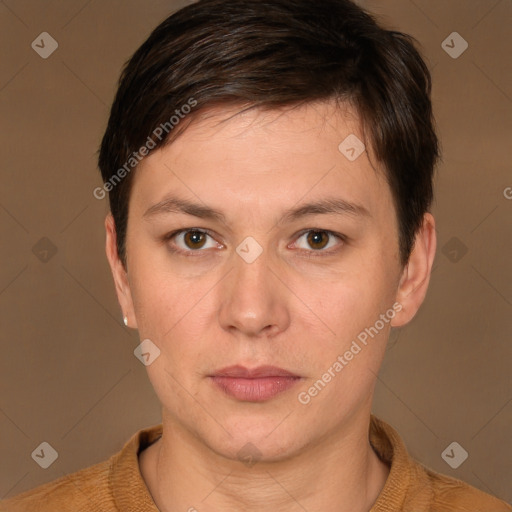 Neutral white young-adult female with short  brown hair and brown eyes