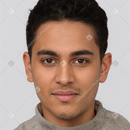 Neutral latino young-adult male with short  brown hair and brown eyes