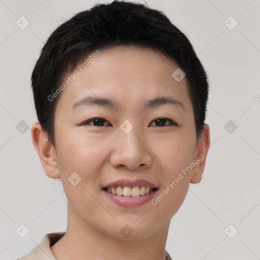 Joyful white young-adult female with short  brown hair and brown eyes