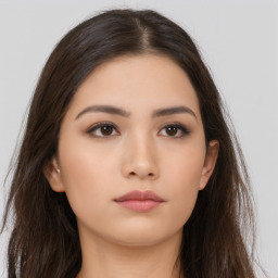 Neutral asian young-adult female with long  brown hair and brown eyes