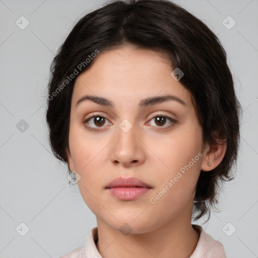 Neutral white young-adult female with medium  brown hair and brown eyes