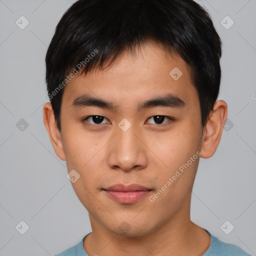 Neutral asian young-adult male with short  black hair and brown eyes