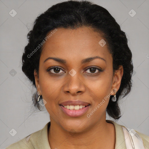 Joyful black young-adult female with medium  black hair and brown eyes