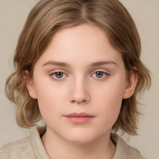 Neutral white child female with medium  brown hair and grey eyes