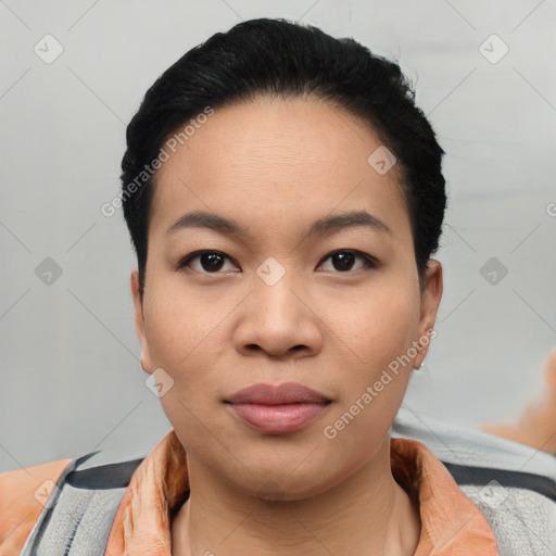 Joyful asian young-adult female with short  black hair and brown eyes