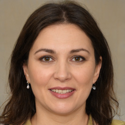 Joyful white adult female with medium  brown hair and brown eyes