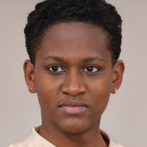 Neutral black young-adult female with short  brown hair and brown eyes