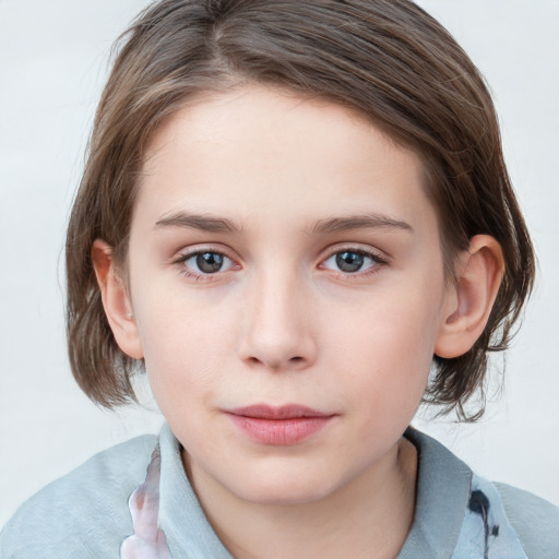 Neutral white child female with medium  brown hair and blue eyes