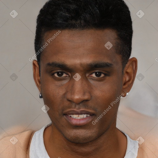 Neutral black young-adult male with short  black hair and brown eyes
