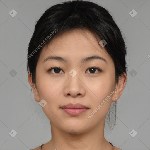 Neutral asian young-adult female with medium  black hair and brown eyes