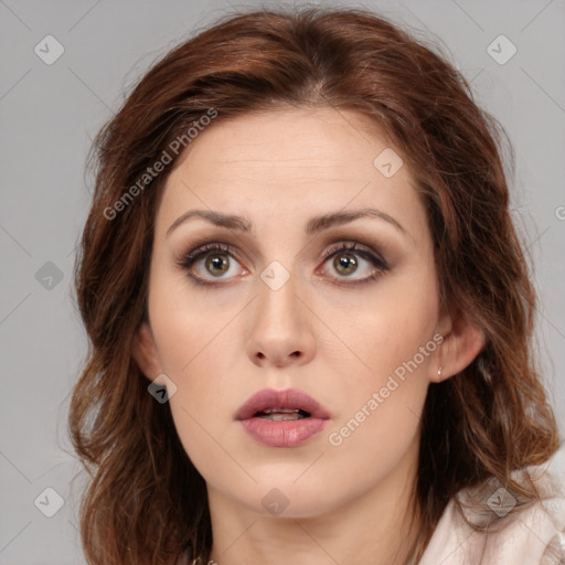 Neutral white young-adult female with medium  brown hair and brown eyes