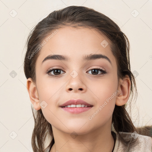 Joyful white child female with medium  brown hair and brown eyes