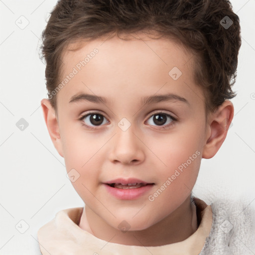 Joyful white child female with short  brown hair and brown eyes