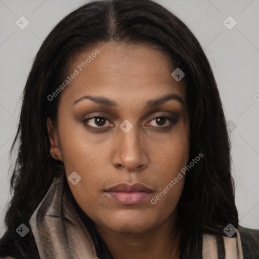 Neutral asian young-adult female with long  brown hair and brown eyes