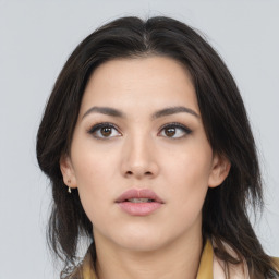 Neutral asian young-adult female with medium  brown hair and brown eyes