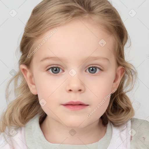 Neutral white child female with medium  brown hair and blue eyes