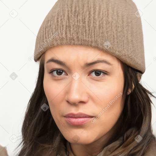 Neutral white young-adult female with long  brown hair and brown eyes