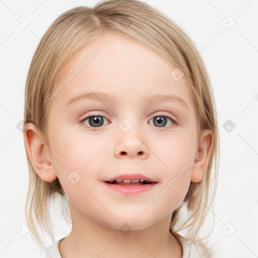 Joyful white child female with medium  brown hair and blue eyes