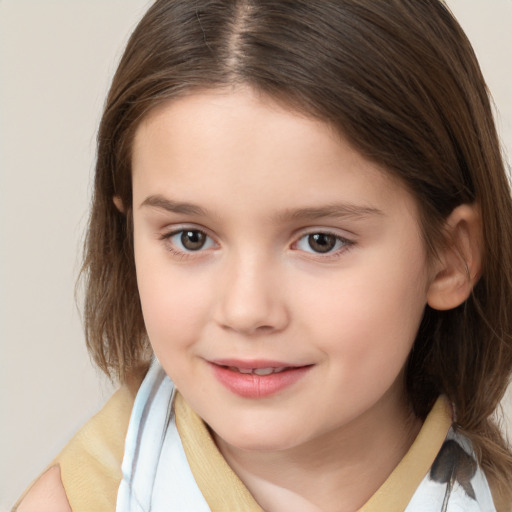 Joyful white child female with medium  brown hair and brown eyes