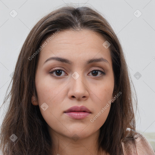 Neutral white young-adult female with long  brown hair and brown eyes