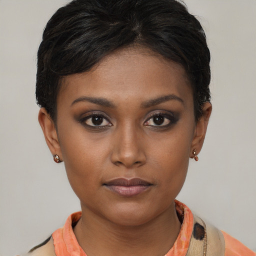 Neutral black young-adult female with short  brown hair and brown eyes